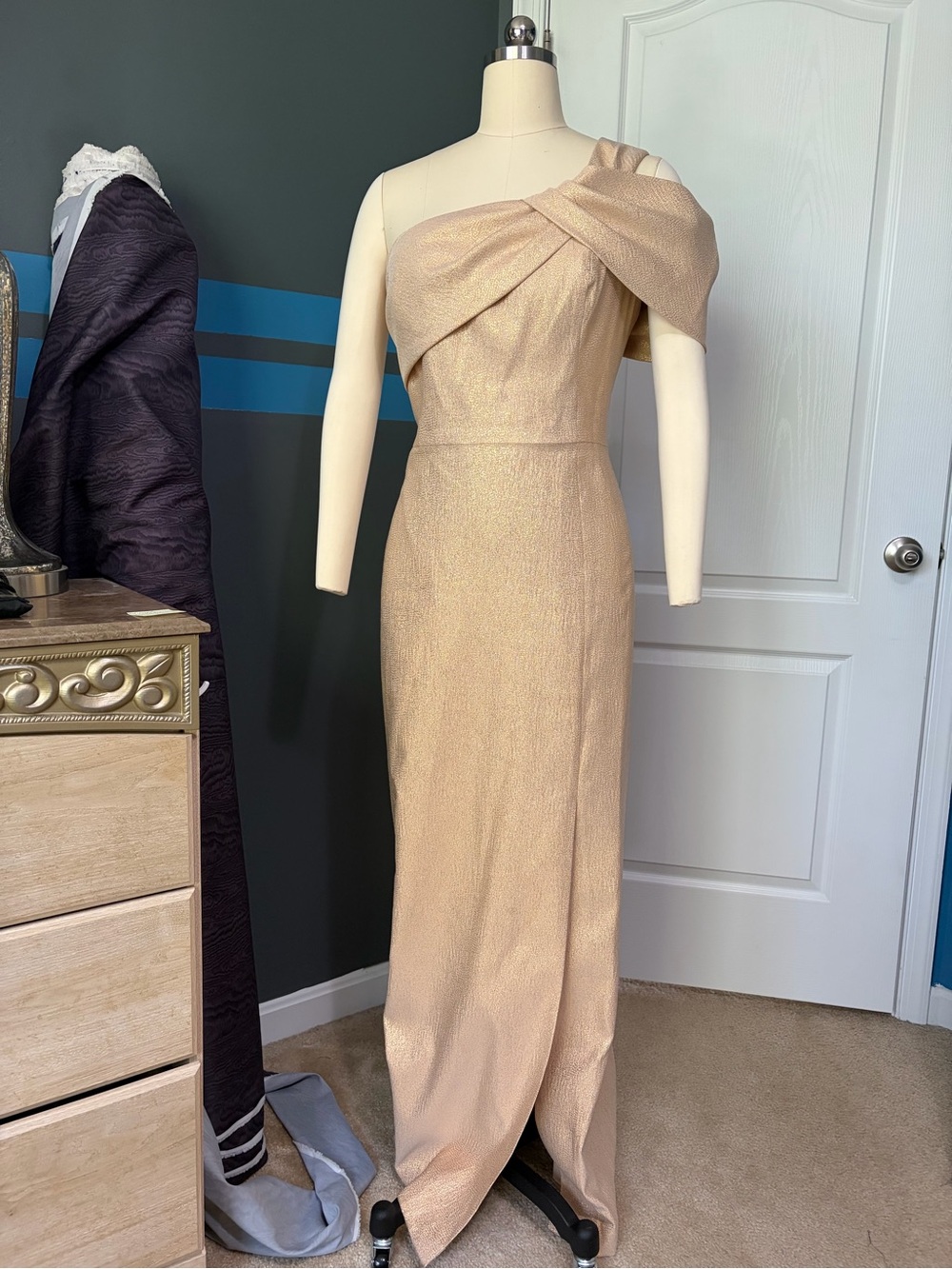 Teri Jon One-Shoulder Shimmery Champagne Gown